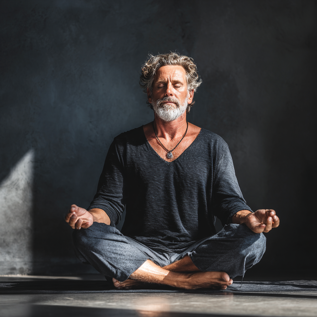 mature man in comfortable meditation pose showing inner peace and mindfulness